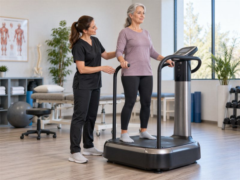 A patient standing on a vibration plate, supported by a clinician