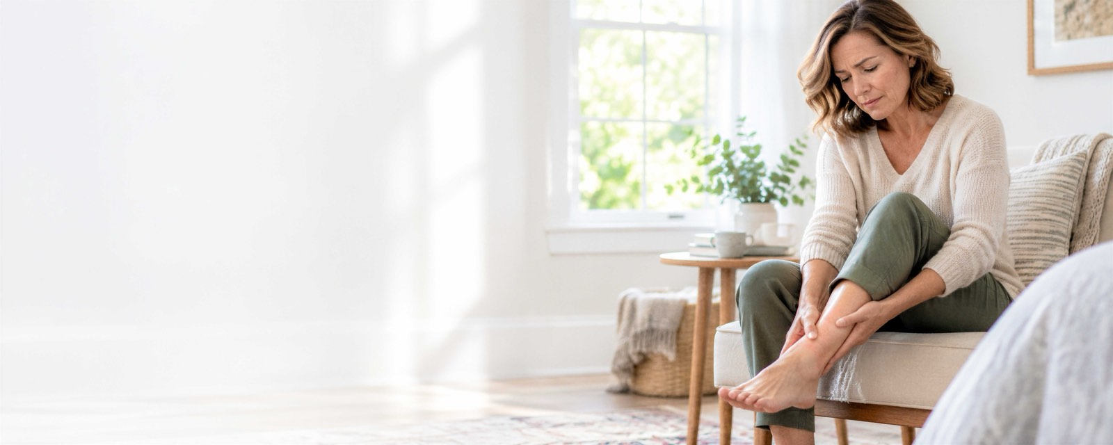 A person seated on a couch holding one foot, experiencing discomfort in the foot and lower leg