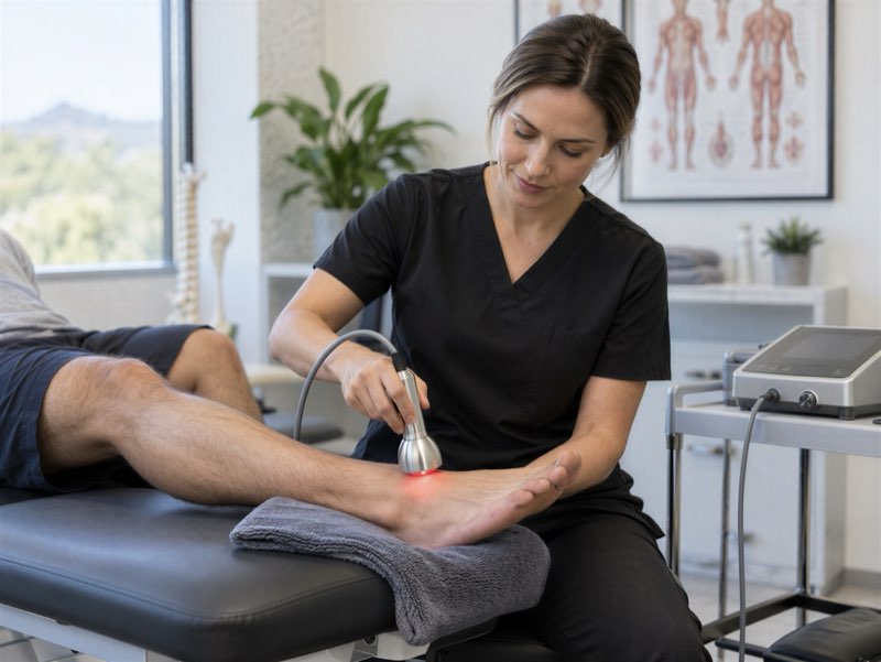 A clinician administering laser therapy to a patient's foot